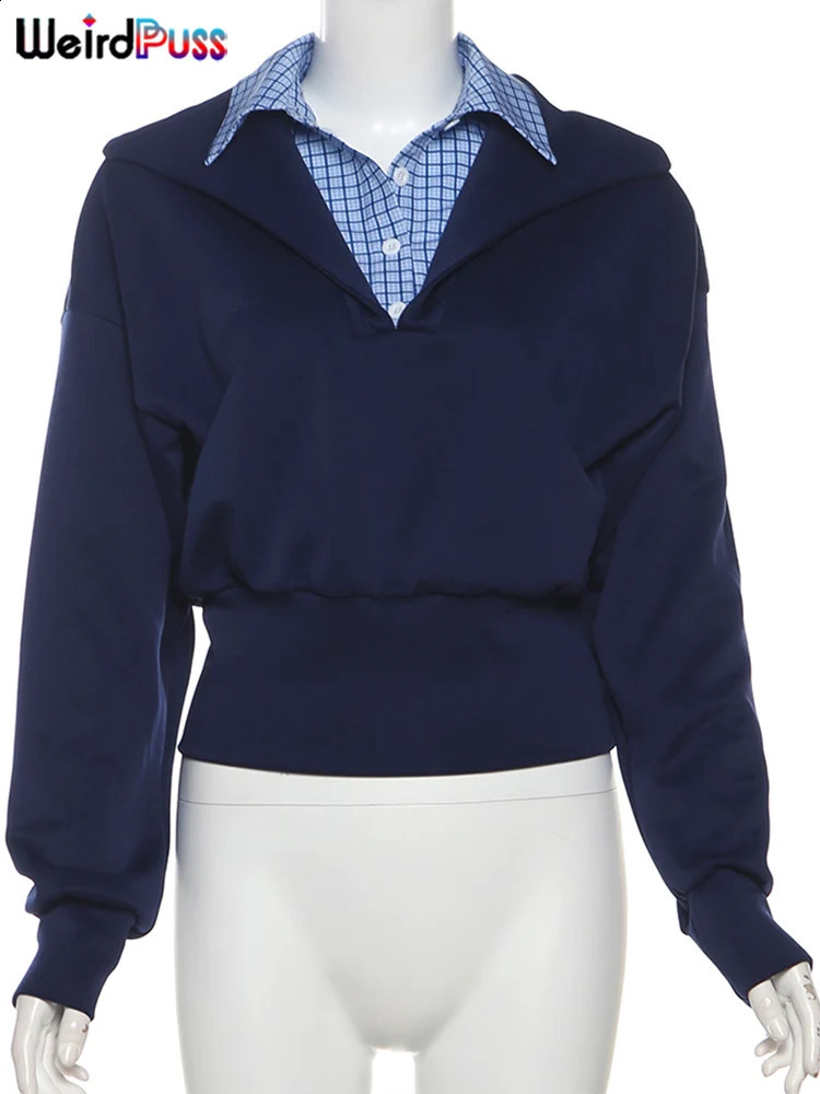 Weird Puss Contrast PoloNeck Crop Top Autumn Button Patchwork Full Sleeve Stretch Simple Versatile Classic Trend Apparel 240830