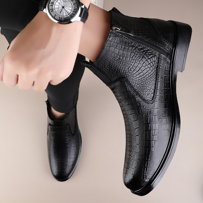 Fashionable Business Combat Boots for Men Autumn /Winter New Classic Black Zipper Side Crocodile Pattern Comfortable Short Boots