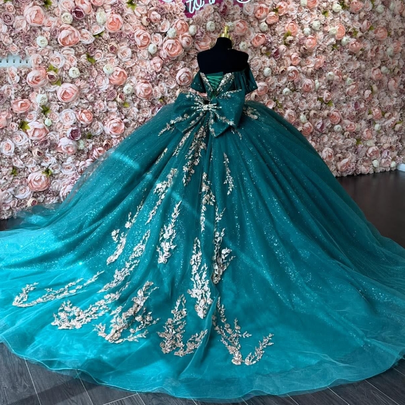 Emerald Green Mexican Quinceanera Dressess Off The Shoulder Applique Beads Tull vestido 15 quinceaneras Corset Lace Up Sweet