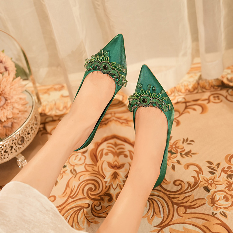 Silk New Green High Pumps Women Rhie Pointed Toe Dress Woman Stiletto Heels Shallow Banquet Shoes Female c94a