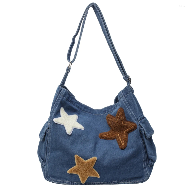 Shoulder Bags Star Denim Bag Large Capacity Trendy Crossbody With Zipper Adjustable Strap Everyday Purse Multi Pocket For Women