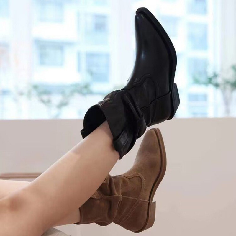 Ankle 2024 for Pointed Toe Behind Retro Style Chunky Heels Western Fashion Women Short Boots D193 8210