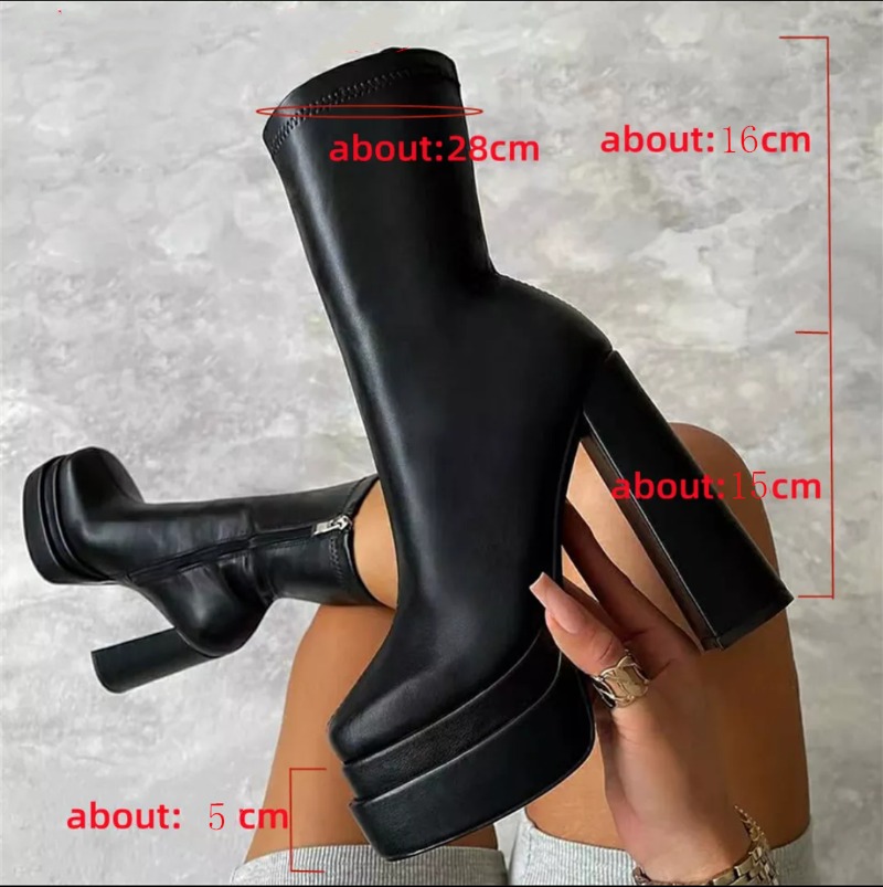 Women Punk Style Autumn Winter Chunky Platform High Heel Boots Party Shoes Ladies Black Thick Heels Elastic Mid Calf Boots D346
