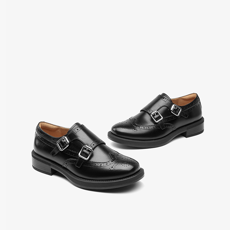 Women Leather Solid Color Brogue Flats Buckle Strap Round Toe Formal Dress Shoes for Ladies