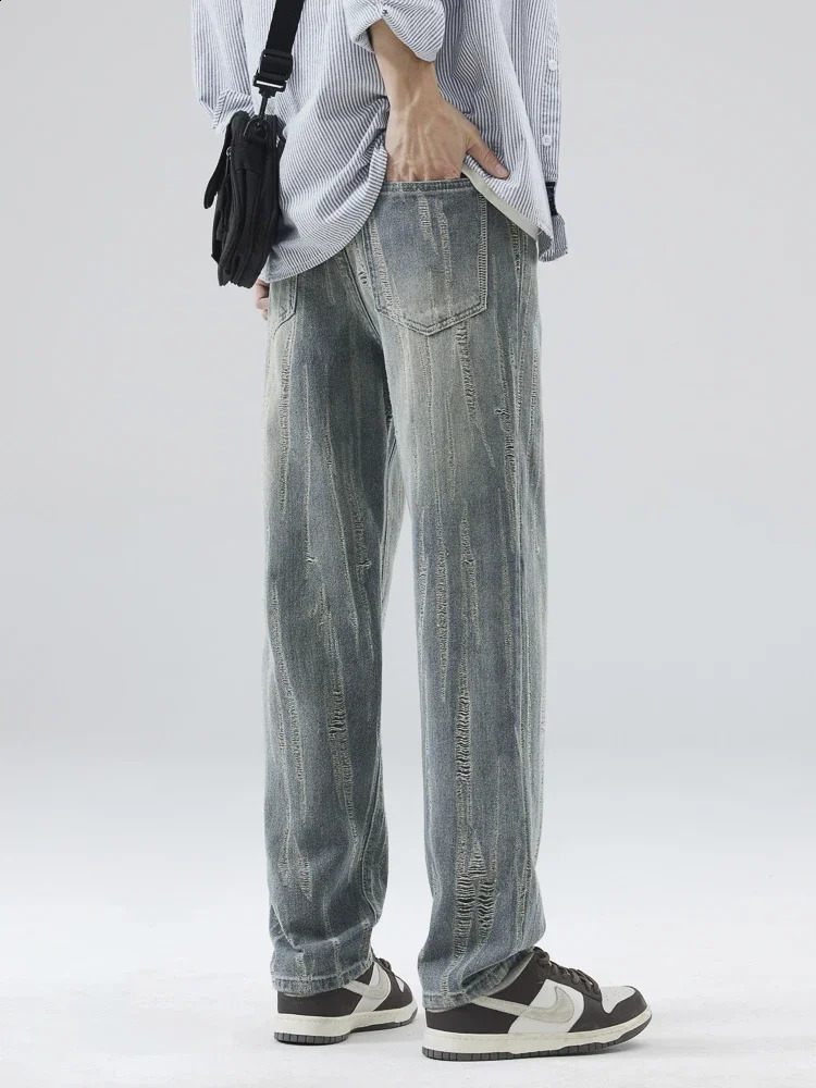 Mens Ripped Jeans Streetwear Vintage Straight Baggy Pants Casual Hole Wide Frayed Fashion Denim Trousers Male Clothes 240826Z