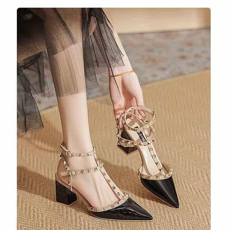 Summer high-heeled women's sandals Fashion brand design pointed rivet red casual shoes Large size 41-43
