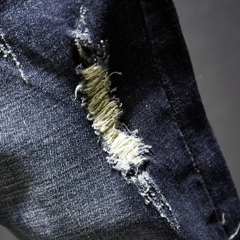 Distressed Jeans Men Dark Blue Stretch Slim Fit Hip Hop Destroyed Broken Holes Ripped Man Denim Pants Frayed Trousers Punk Style 240826Z