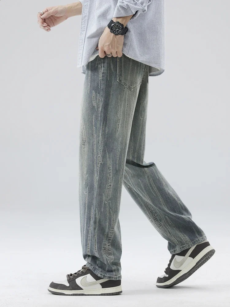 Mens Ripped Jeans Streetwear Vintage Straight Baggy Pants Casual Hole Wide Frayed Fashion Denim Trousers Male Clothes 240826Z