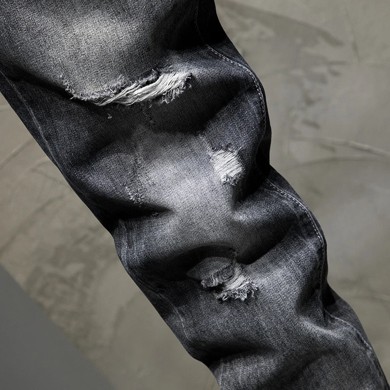 Hip Hop Jeans Men Ripped Denim Gray Hollow Out Ankle Length Pants Streetwear Distressed Frayed Holes Desinger 2024 Summer 240826Z