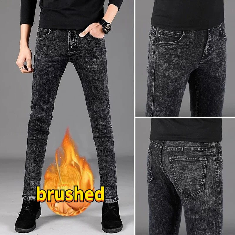 Mens Autumn Winter Korean Style Brushed Denim Fabric Slim Fashion Skinny Plush Cowboy Snowflake Pants 240826Z