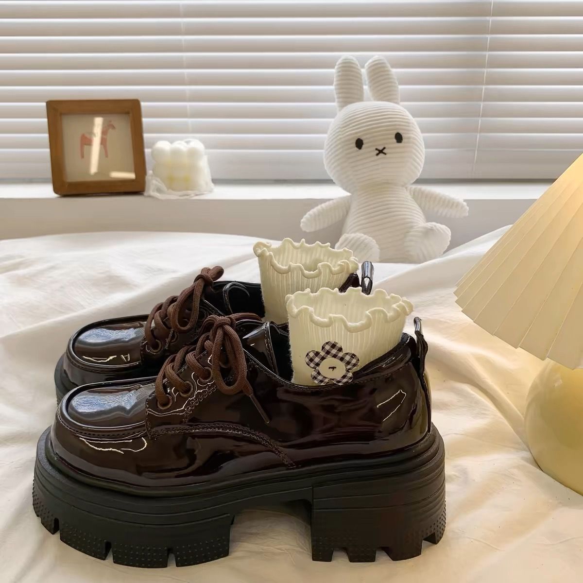 Women's black lace up thick soled single shoe fashionable Mary Jane small leather shoes 241115