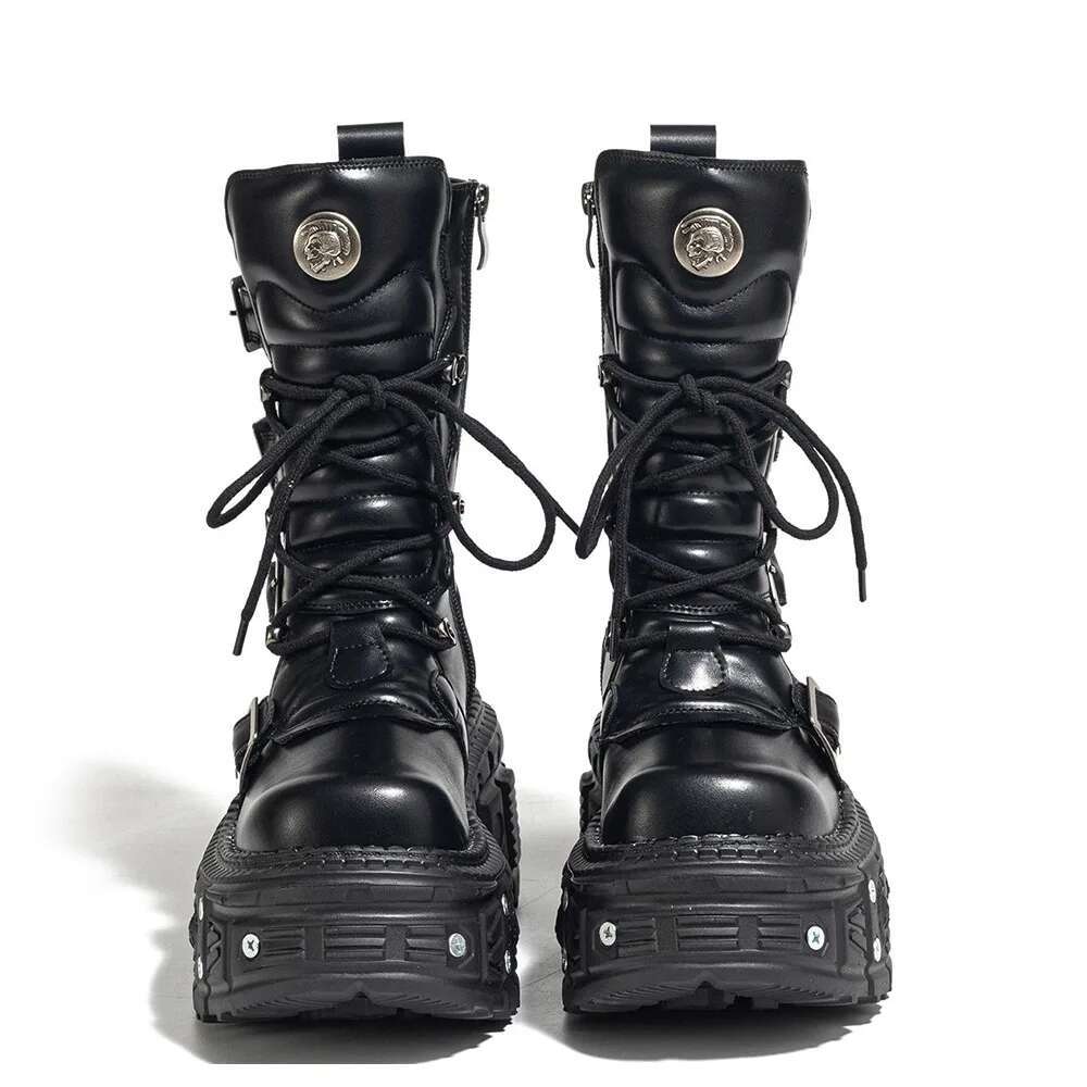 2024 New Punk Style Women Lace-Up Platform Shoes Woman Rock Boots Metal Decor Thick Bottom Street Shot Knight