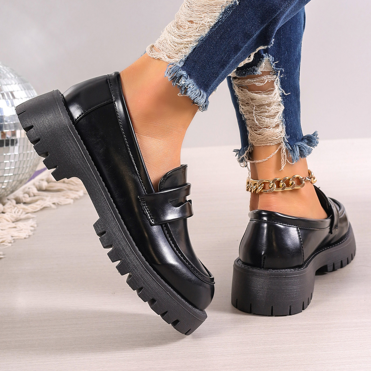 Rimocy Casual Platform Loafers Woman 2024 British Style Black Brown PU Leather Shoes for Women Comfort Slip On Flats Plus Size