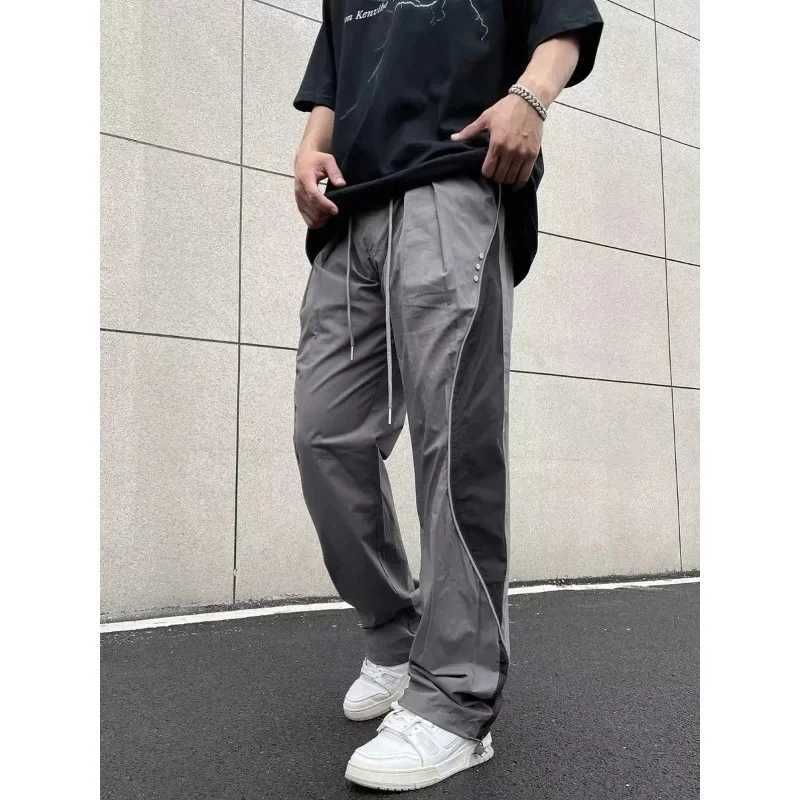 Men's Pants American Style Vintage Color Blocking Nylon Cargo Pants High Strt Fog Wind Loose Fit Straight Leg Sport Strt Dance Trousers Y240830T5