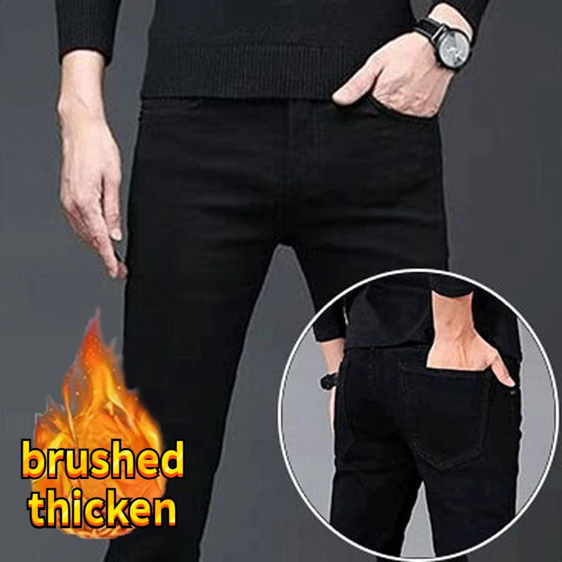 Mens Autumn Winter Korean Style Brushed Denim Fabric Slim Fashion Skinny Plush Cowboy Snowflake Pants 240826Z