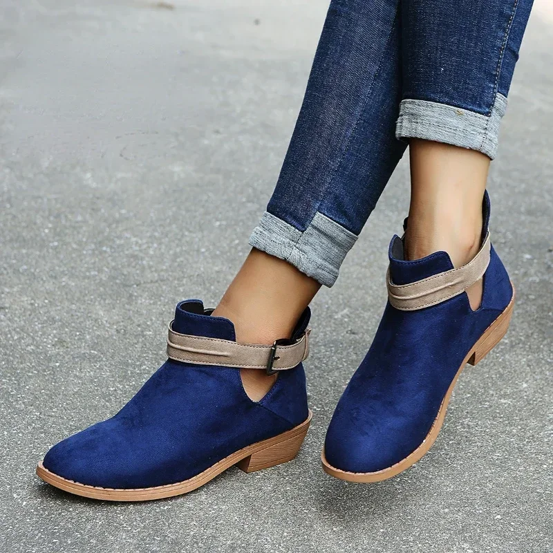 Ankle Women Square Heel Vintage Leather Shoes Female Autumn Buckle Strap Round Toe Casual Short Boots Plus Size 35-43 2e54