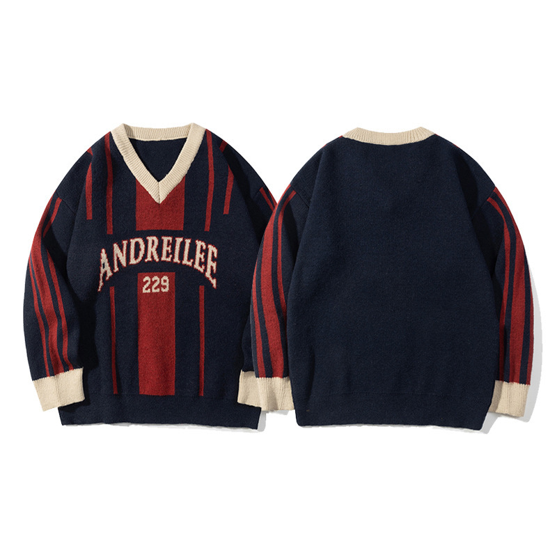 Trendy Style Autumn New American Color Blocked Knitted Design Versatile Casual Sweater for Men and Women Couples - view 6