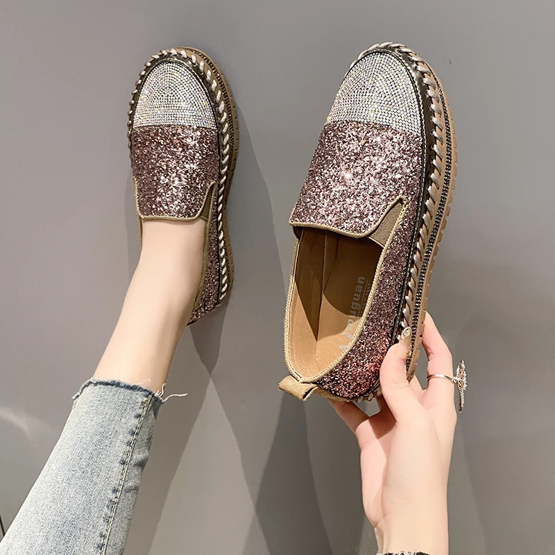 Luxury Women Flats Rhinestone Bling Sewing Platform Loafers Slip on Sewing Shallow Fashion Casual Shoes Ladies Footwear