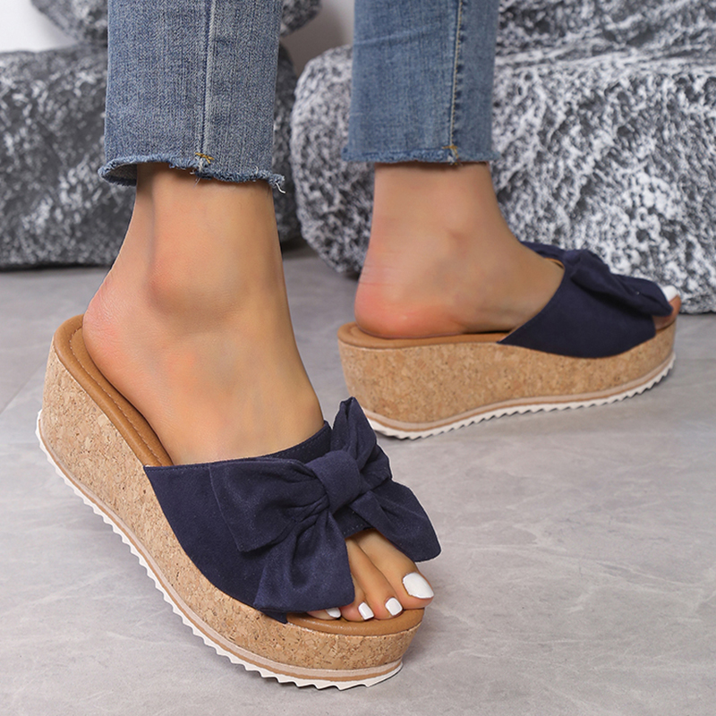 Fashion Bowknot Wedge Sandals for Women Leopard Print Chunky Platform Sandalias Mujer 2024 Summer Thick Sole Slippers Plus Size