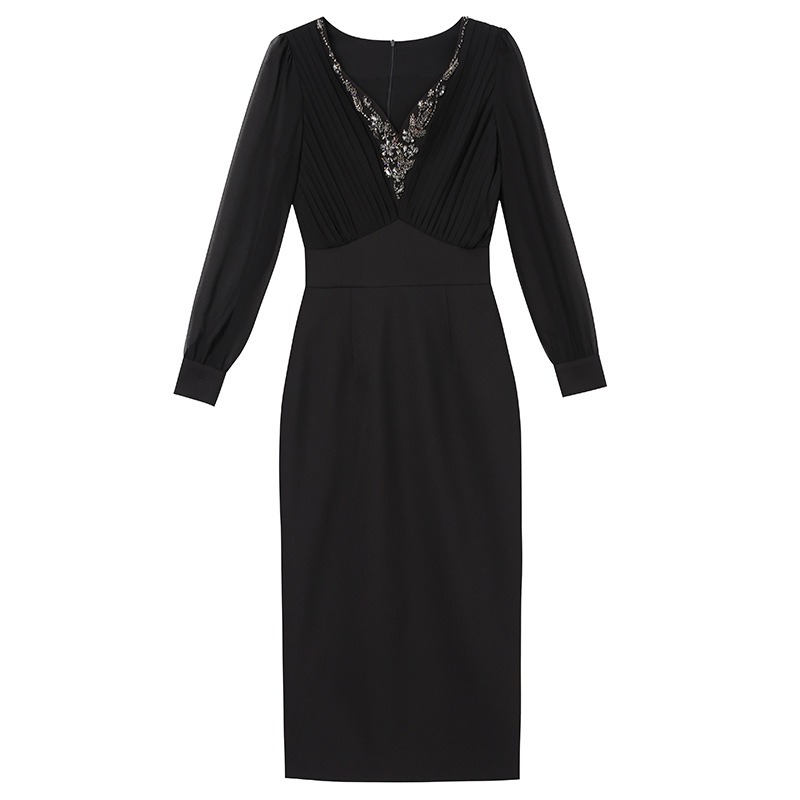 OC-Jackie 409M95 Basic Casual Dresses Autumn and Winter Women's Dress Handmade Nail Beads Long Hip Hugging Skirt Sleeved Evening Gown