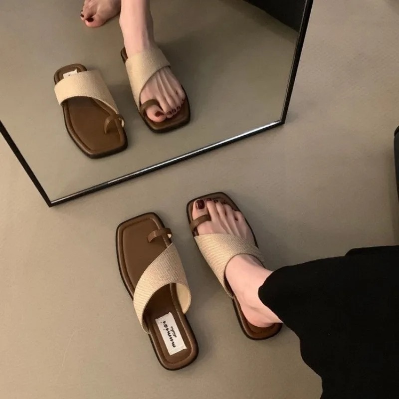 Fashion 2024 Shoes for Women Slippers Basic Ring Women's Summer Retro New Peep Toe Solid Daily Casual Flat Sandals
