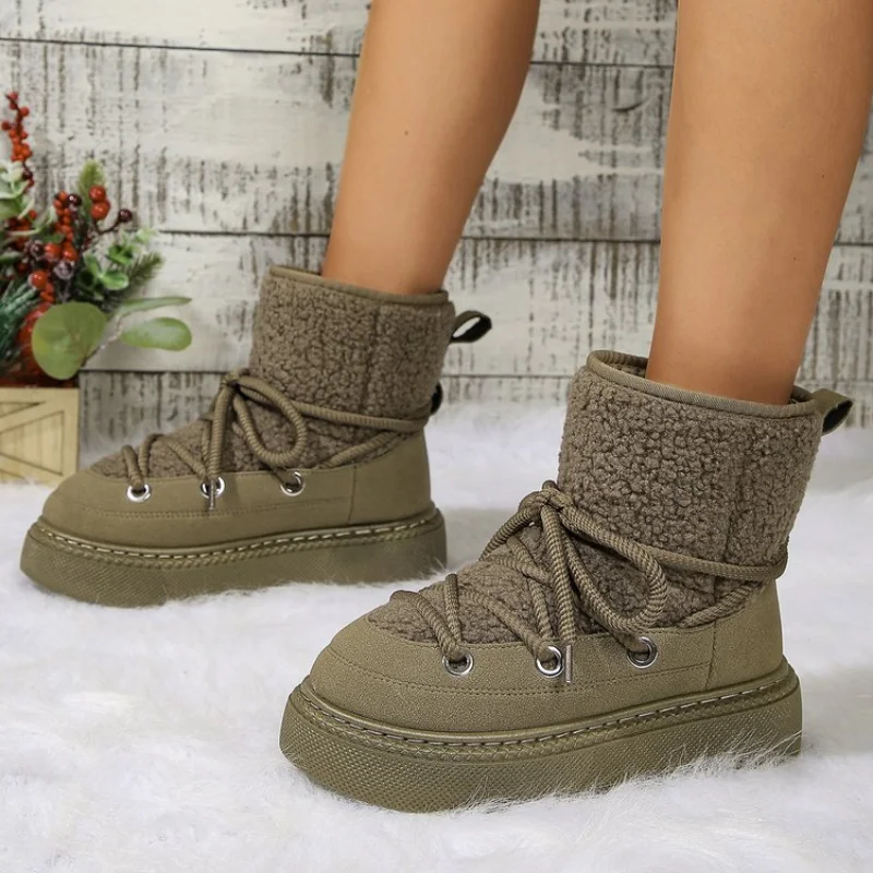 Cold-proof and Warm Winter Ladies Shoes 2024 New Lace Up Design Women’s Platform Boots Waterproof Anti-slip Fashion Short Boots