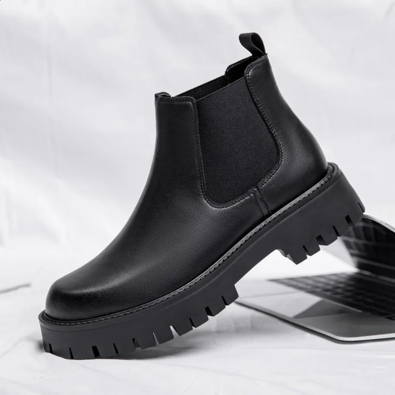 British Style Men Thick Bottom Waterproof Work Shoes Casual Chelsea Fashion Classic Leather Boots Comfy High Top Round Toe Boots 240830