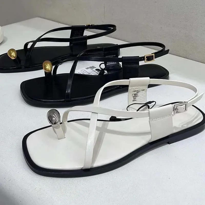 Flat Sandals for Women 2024 Summer - Metal Decor Cross Strap Breathable Ladies Footwear 4