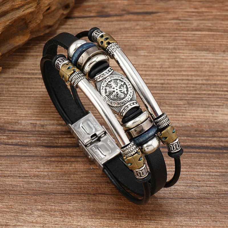 Hip hop punk mens leather bracelet retro Viking bracelet mens leather charm wristband steampunk handmade jewelry gift W240830