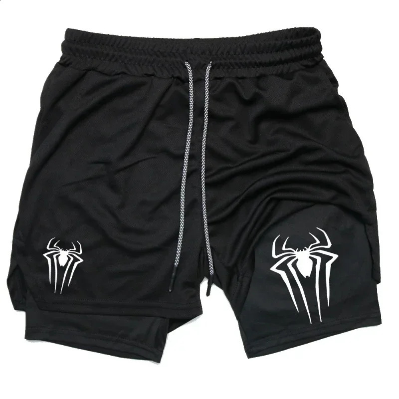Mens spider print gym casual sports compression shorts run mesh 2in1 men clothing streetwear pants 240830