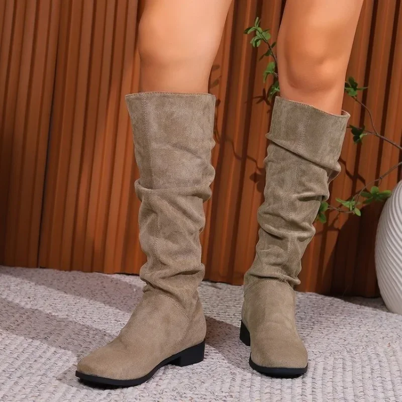 Pleated Women Female Faux Suede Knee High Boots Ladies Autumn Winter Fashion Slip on Square Low Heel Knight Booties Mujer 1b2e