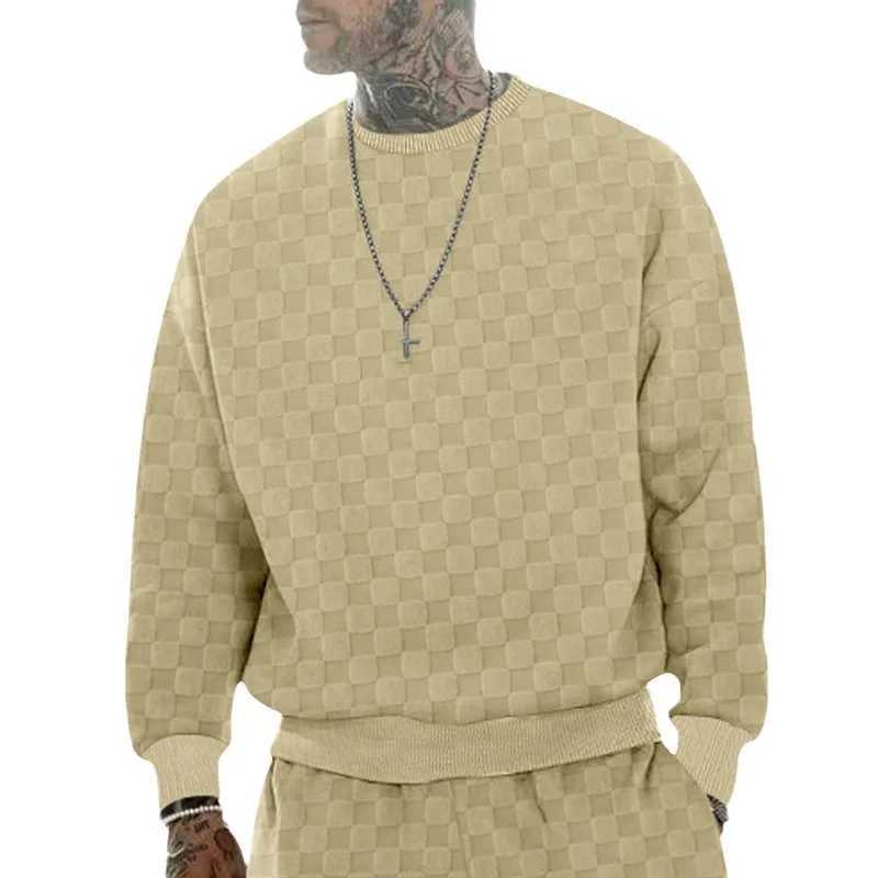 Men's Hoodies Sweatshirts Cross border mens autumn and winter heavy-duty jacquard checkered round neck casual bottom shirt knitted long sleeved s