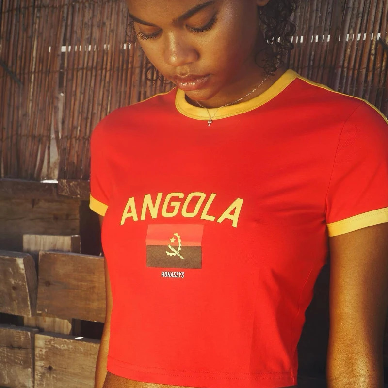 Angola womens letter printed Tshirt summer Oneck short sleeved ultrathin baby Y2K 2000s casual crop top street clothing 240830