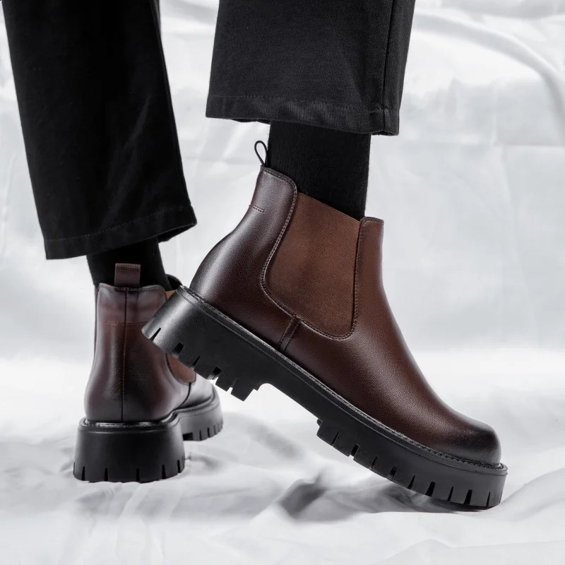 British Style Men Thick Bottom Waterproof Work Shoes Casual Chelsea Fashion Classic Leather Boots Comfy High Top Round Toe Boots 240830
