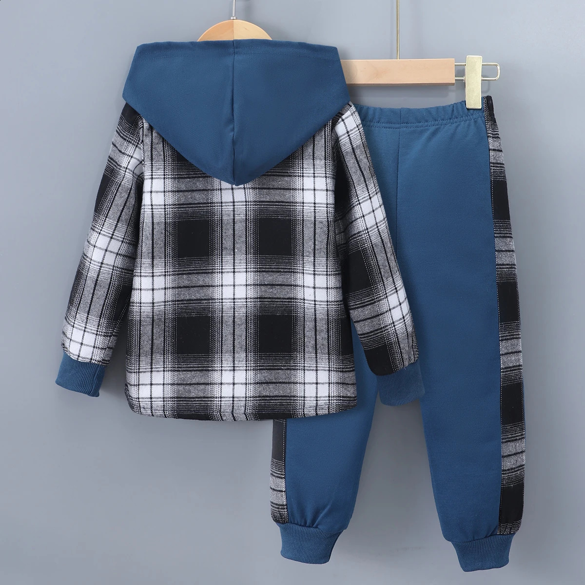 2024 Spring Winter Kids Boy 2-Piece Cotton Casual Simple Long Sleeve Hooded Coat Checkered Childrens Suit 3 4 5 6 7 Years Old 250117