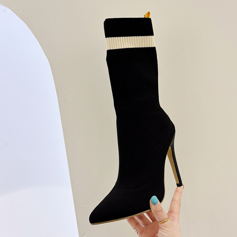Liyke Autumn Winter Knitting Stretch Fabric Soc Boots Women Sexy Pointed Toe Thin High Heels Shoes Ankle Booties Mujer 4