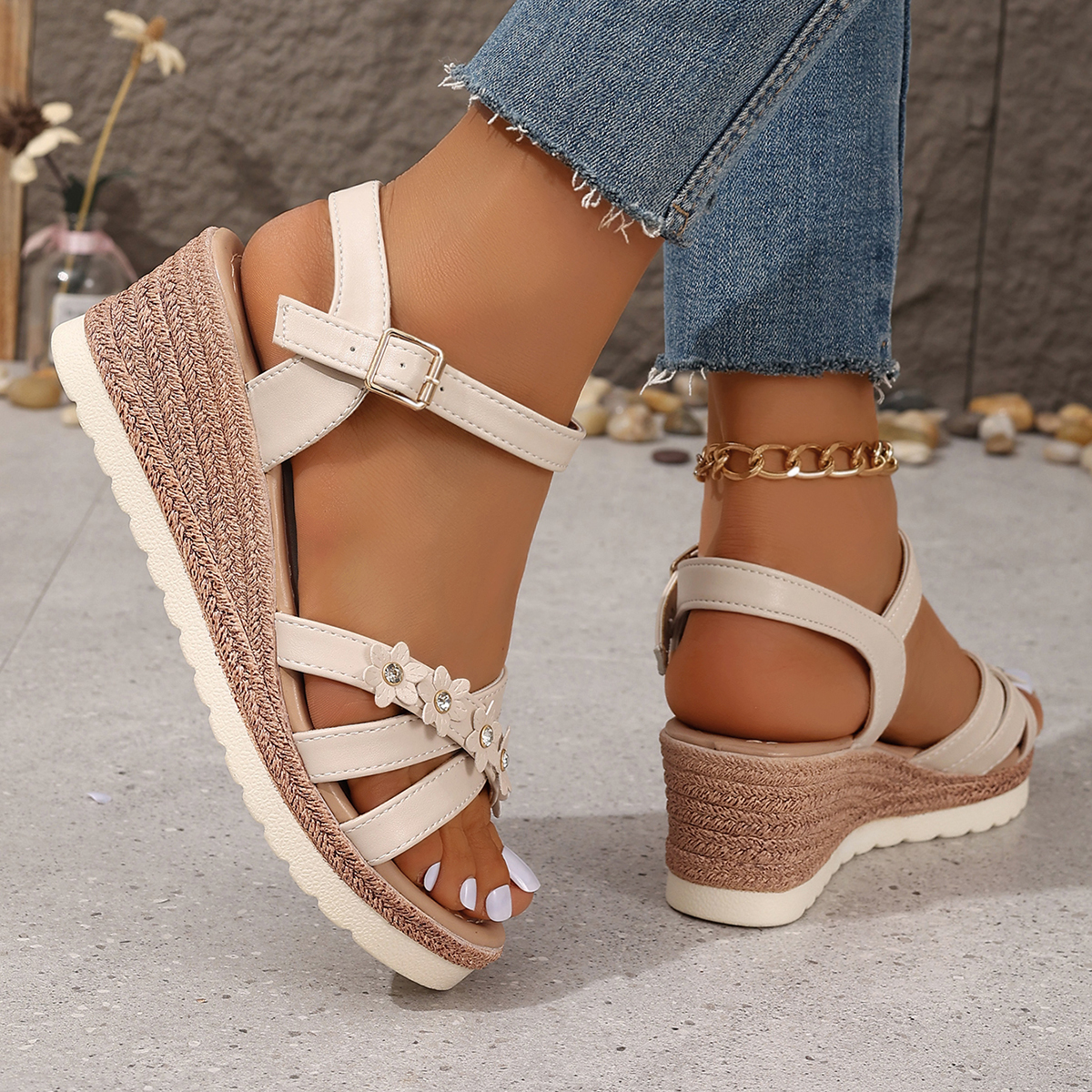 Fashion Flower Decor Women's Wedges Sandals Summer 2024 Ankle Strap Platform Sandles Woman Non Slip Casual Beach Sandalias Mujer