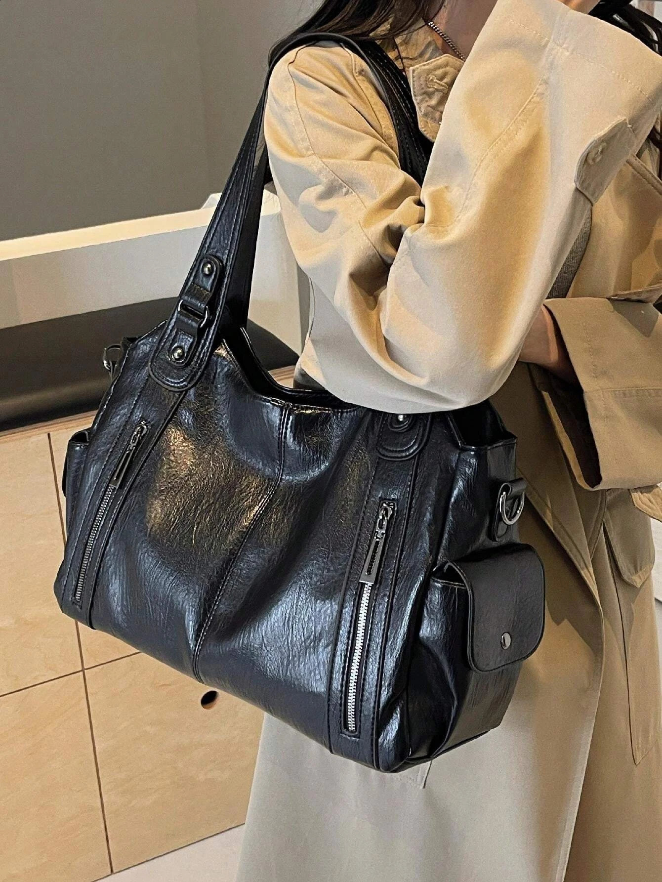 Retro Large Capacity Waterproof Business PU Tote Bag MultiPocket n Shoulder Multifunctional Travel Crossbody 240830z