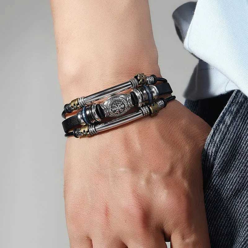 Hip hop punk mens leather bracelet retro Viking bracelet mens leather charm wristband steampunk handmade jewelry gift W240830