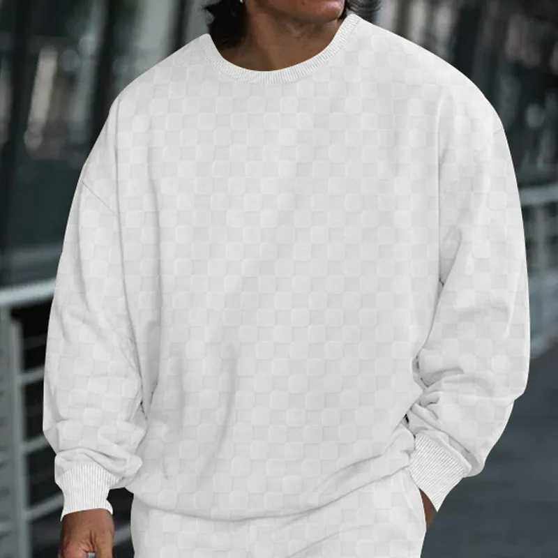 Men's Hoodies Sweatshirts Cross border mens autumn and winter heavy-duty jacquard checkered round neck casual bottom shirt knitted long sleeved s