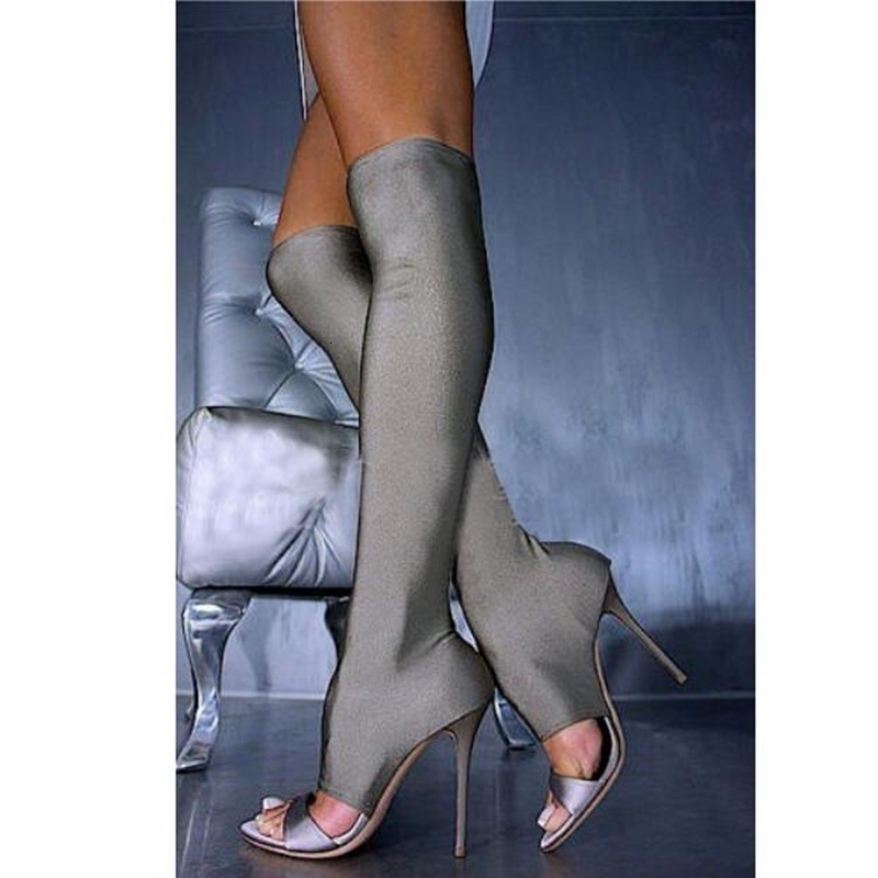 Sexy Thigh Heels Over The Knee High Heel Boot Peep Toe Stretch Long Boots Elastic Fabric Sock Party Shoes Woman