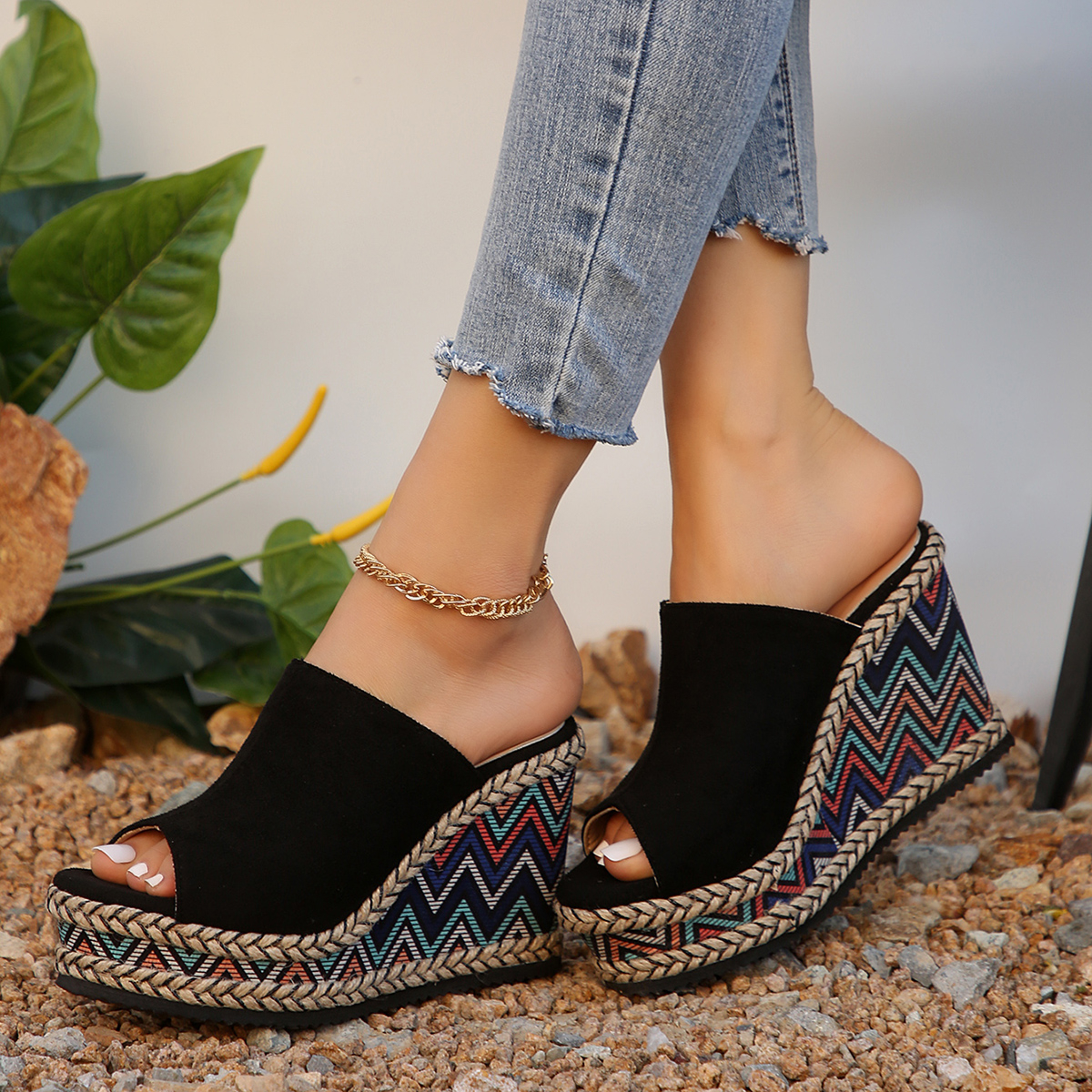 Summer Large Size Women's Sandals House Slippers Wedge Platform Slides Fashion Peep Toe Women Heels Luxury Rome PU Cotton Fabric