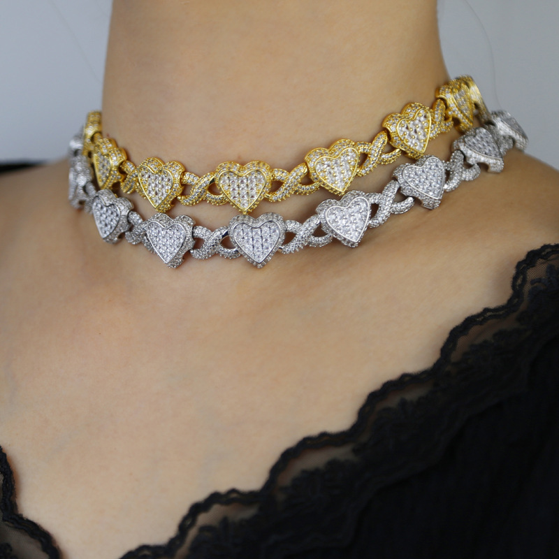 Hip Hop Heart Shape Cuban Chain Necklace Bracelet Gold Plated Women Jewelry Set