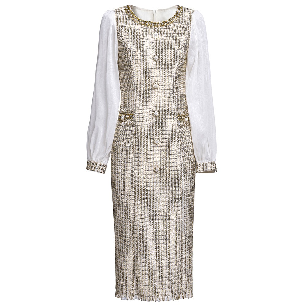 OC 409M90 Basic Casual Dresses Autumn and Winter Coarse Floral Woolen Commuting Skirt Customization Top Women's Dress Handmade Nail Drill