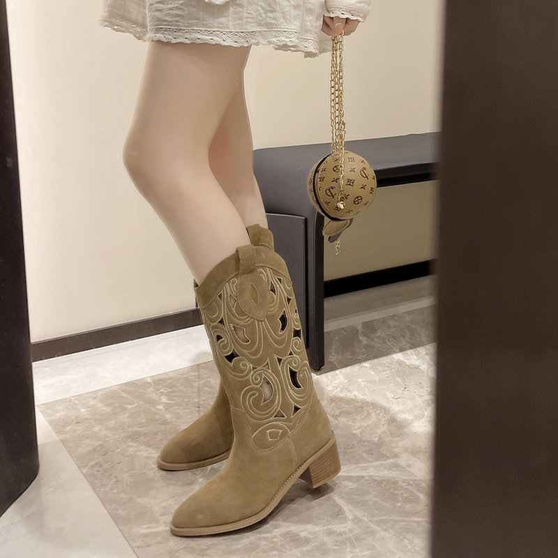 Women's New Summer Retro Round Toe Chunky Heels Vegan Suede Western with Hollow Design and Rivets Cowboy Boots Shoes 24c0