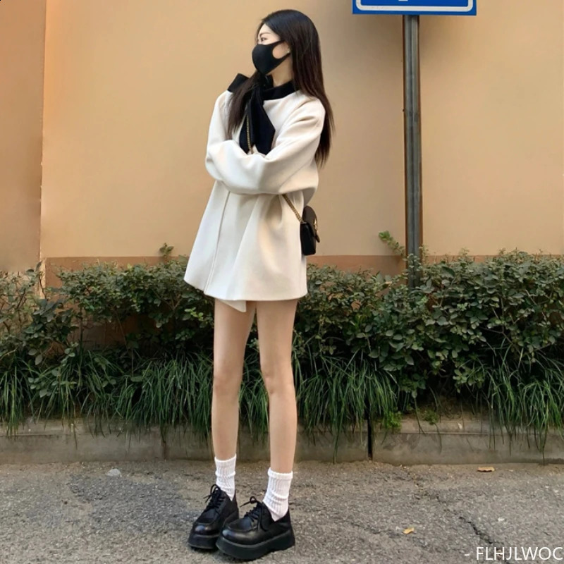 Cute Long Coat Robe Outerwear Retro Vintage Preppy Chic Korea Japan Style Woolen Blends Bow Tie Coats Winter Spring 240830