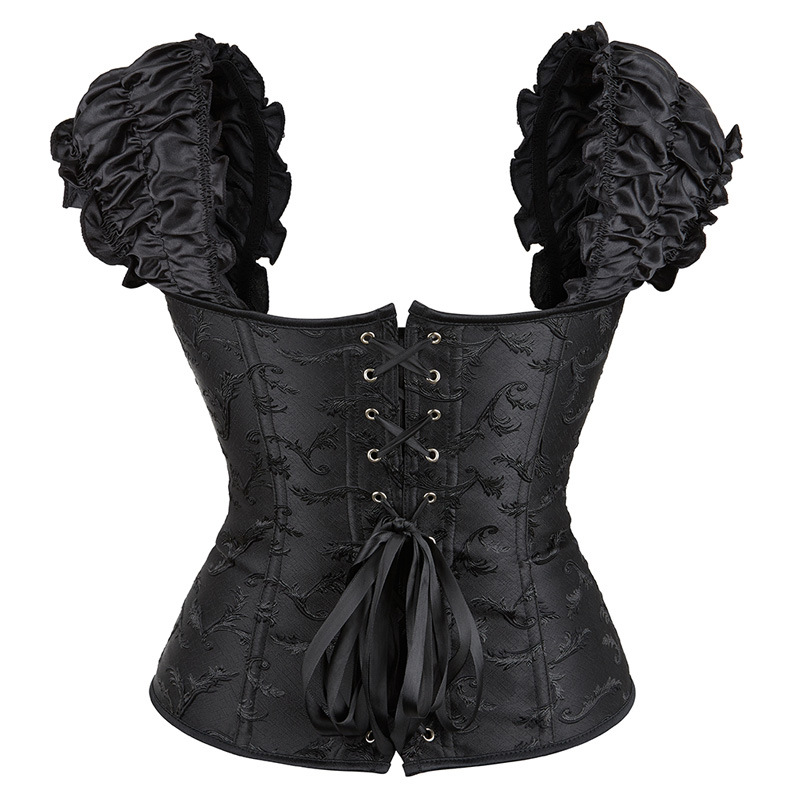 Elegant Women's Victorian Corset Dress Brocade Jacquard Steel Bones Bridal Underbust Bodice with Puff Short Sleeves Available in White & Black Sm