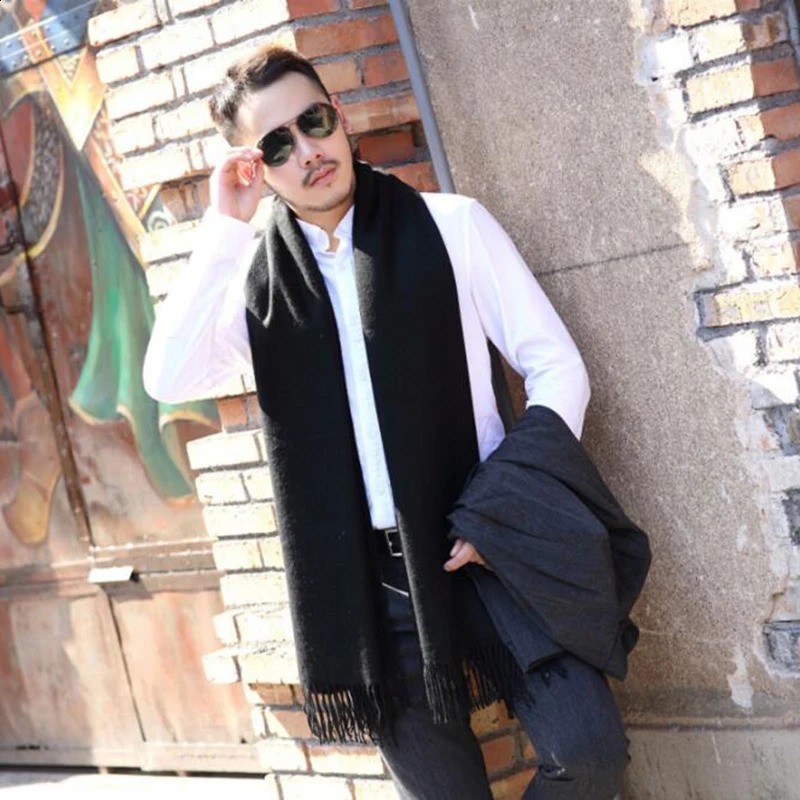 20070cm Men Solid Black cashmere thicken shaw scarves with tassel man winter warm scarf male outdoors supplies 240828