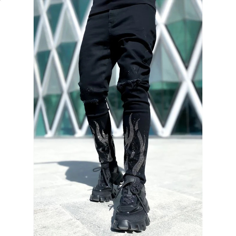 Mens y black stretch tight open top jeans with diamonds highquality ner HIP HOP Trousers street denim pencil pants Y2k 240830