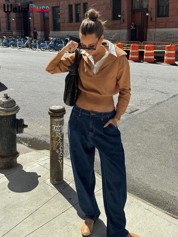 Weird Puss Contrast PoloNeck Crop Top Autumn Button Patchwork Full Sleeve Stretch Simple Versatile Classic Trend Apparel 240830